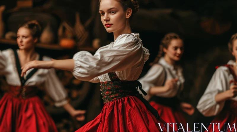 Traditional Slovak Folk Dance in a Wooden House AI Image