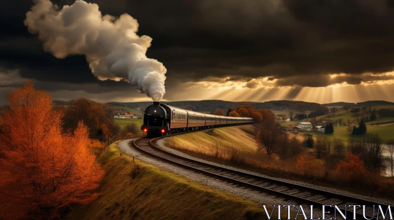 Tranquil Steam Train Landscape with Trees and Hills AI Image