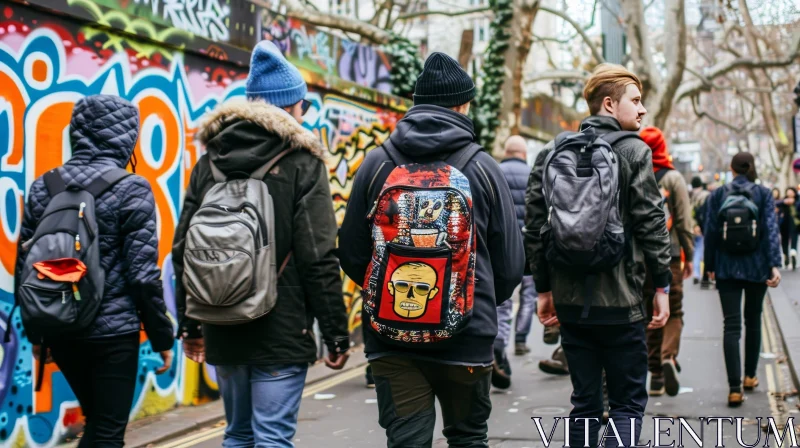 Urban Street Scene with Walking People and Graffiti AI Image
