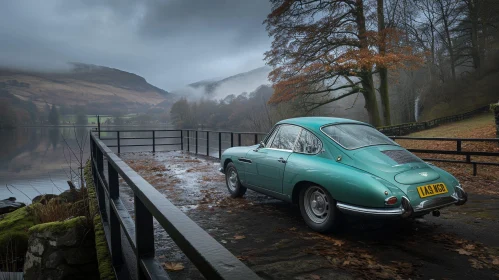 Vintage Aston Martin DB4 on Bridge Overlooking Lake
