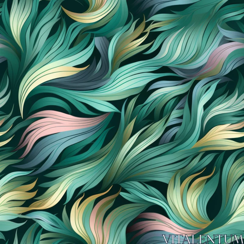 Wavy Green and Pink Leaves Pattern AI Image