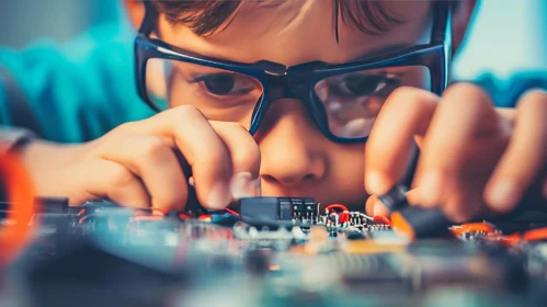 Young Boy Soldering Component on Electronic Circuit Board
