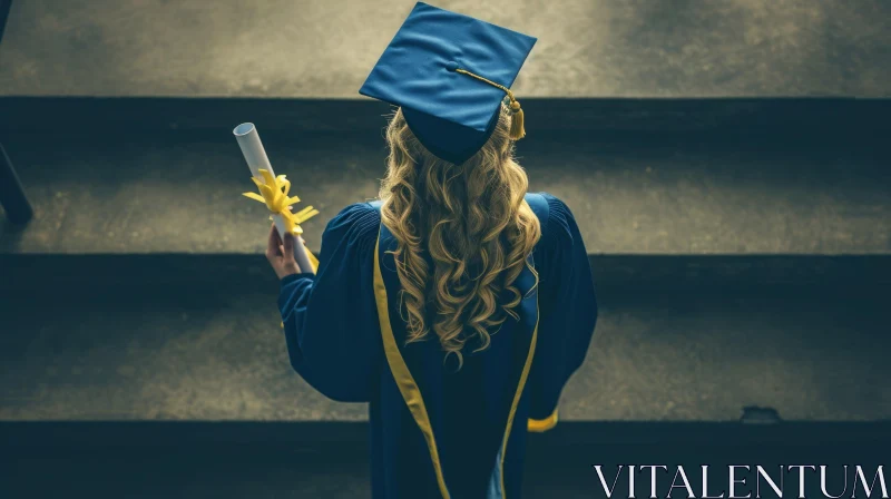 Young Woman in Blue Graduation Gown and Cap on Stage with Diploma AI Image