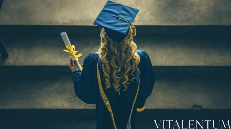 Young Woman in Blue Graduation Gown and Cap on Stage with Diploma