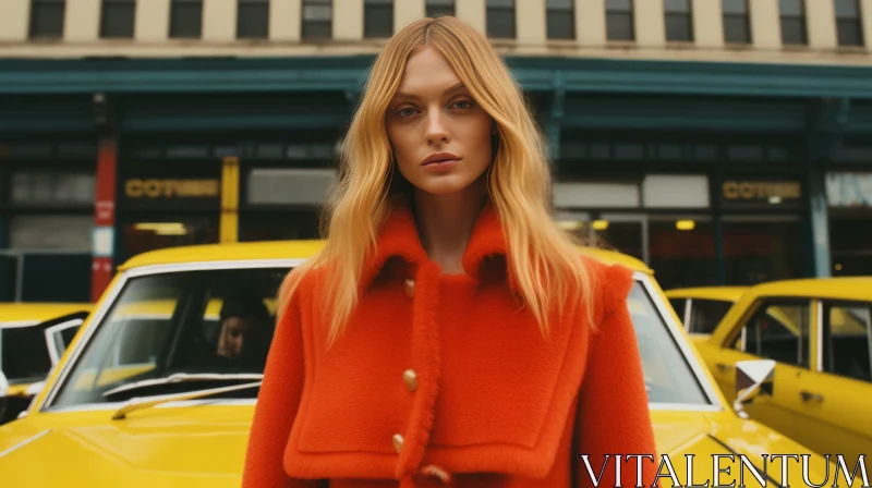 Young Woman in Orange Fur Coat by Yellow Car AI Image