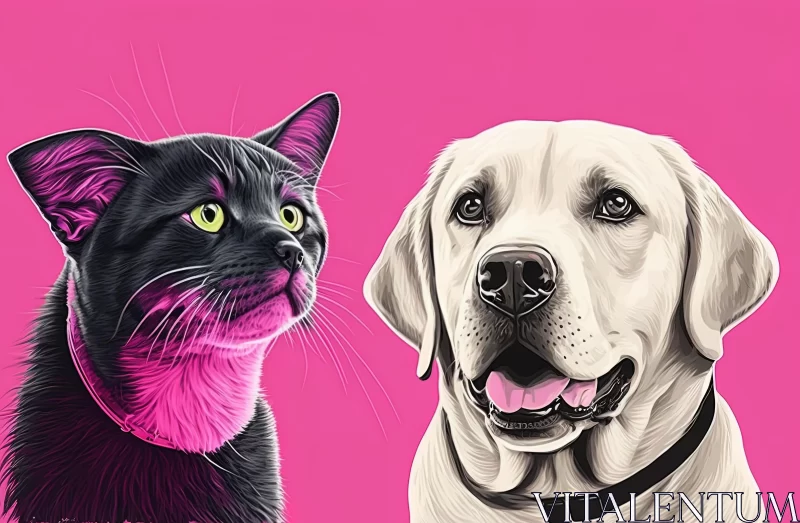 Captivating Cat and Labrador Portrait in Pink Acrylic | Hyper-Realistic Art AI Image
