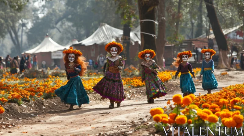 Children in Mexican Costumes Walking in a Field of Orange Flowers AI Image