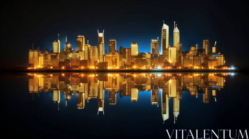 City Lights at Night: Skyscrapers Reflecting in Water AI Image