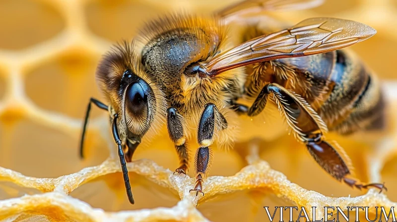 Close-up Honey Bee on Honeycomb AI Image