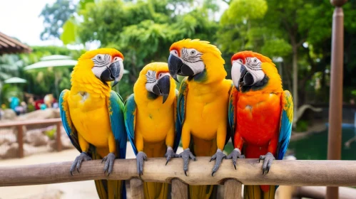 Colorful Parrots on Wooden Railing in Nature