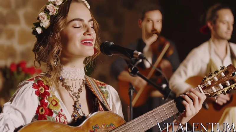 Enchanting Folk Singer in Traditional Costume Playing Guitar AI Image