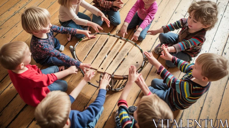 Enchanting Moment of Children Exploring a Wooden Xylophone AI Image