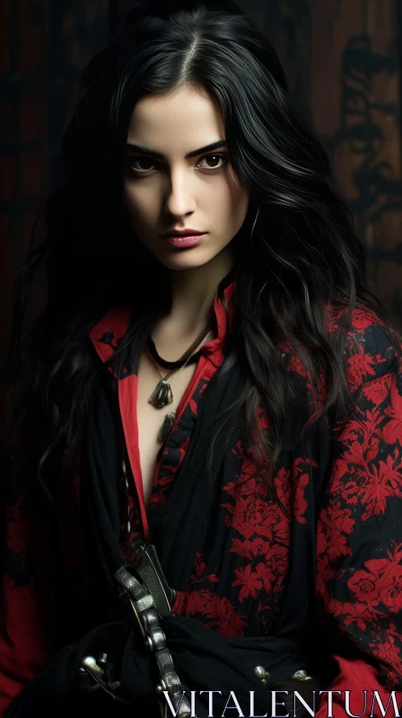 Intense Portrait of a Woman in Red and Black Floral Shirt AI Image