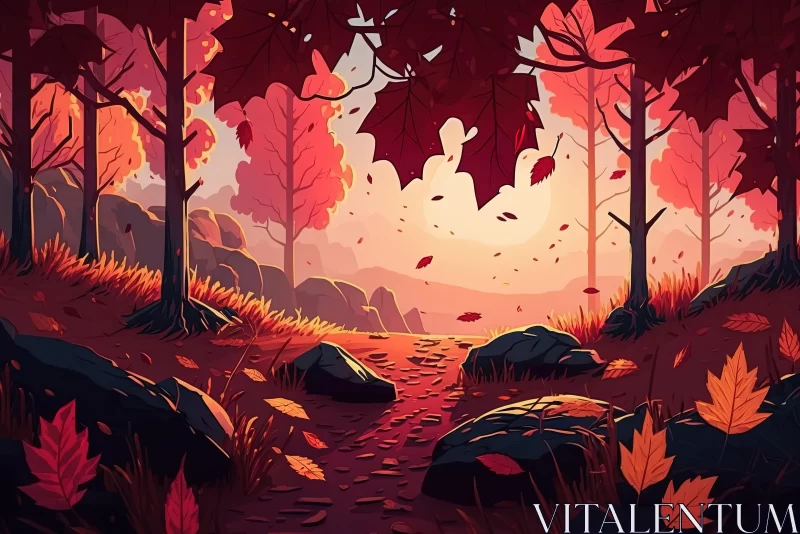 Pixel Art Forest Illustration | Falling Leaves and Sun | Light Red and Magenta AI Image