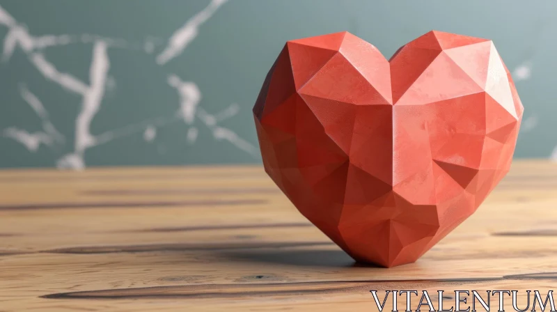 Red Polygonal Heart on Wooden Table - Abstract 3D Illustration AI Image