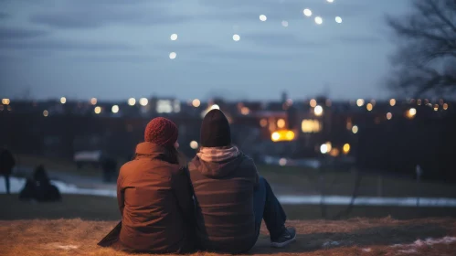 Romantic Night View: Couple on Hilltop Overlooking City