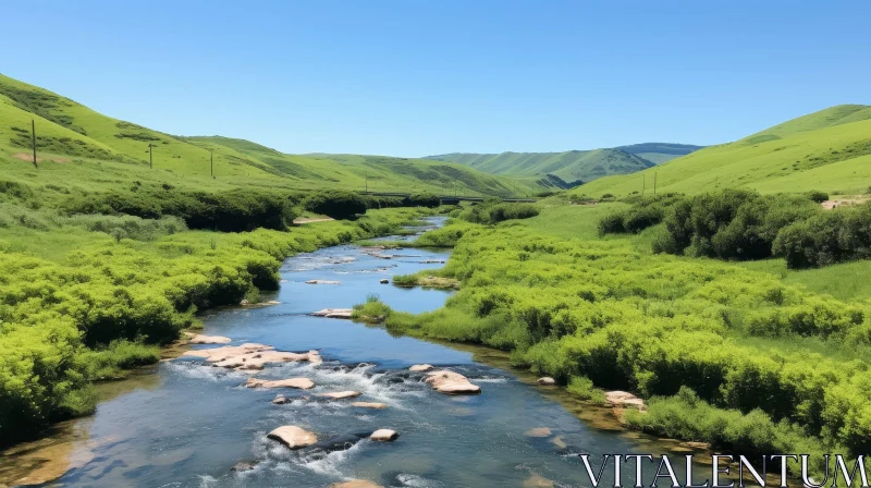 Tranquil River Landscape in a Lush Valley AI Image