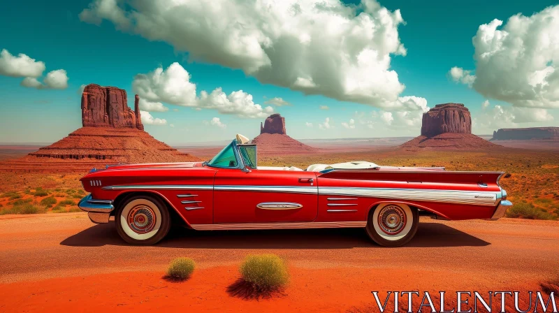 Vintage Red Car in Desert Landscape AI Image
