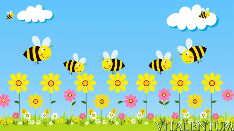 Whimsical Meadow Illustration with Bees and Flowers AI Image