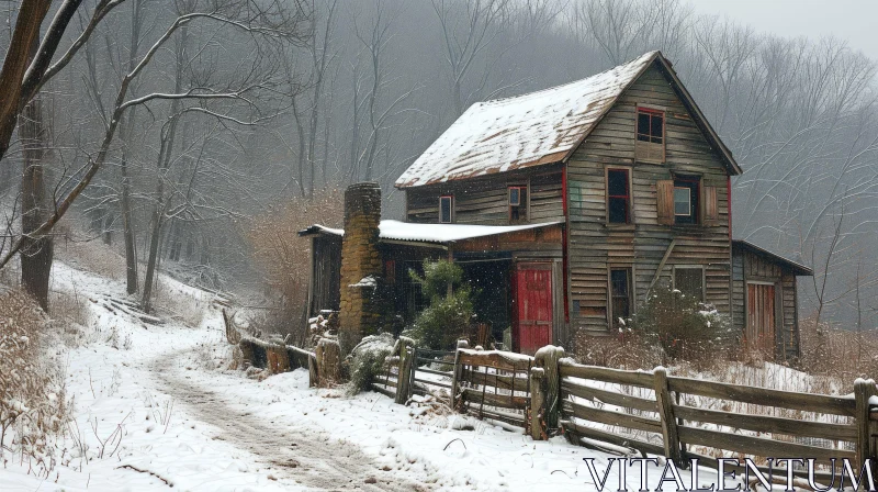 Winter Wonderland: Abandoned Wooden House in Snowy Forest AI Image