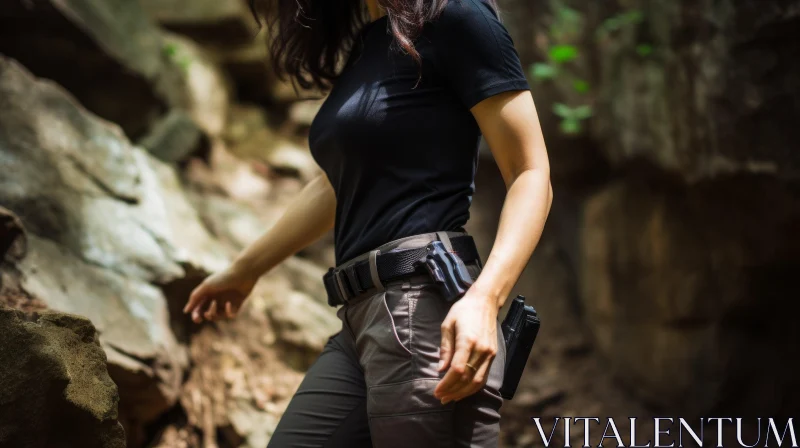 Woman Walking in Forest with Gun Holster AI Image