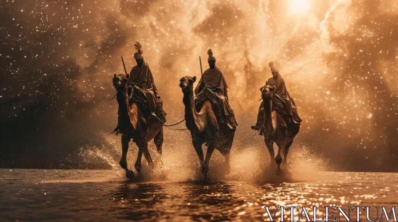 AI ART Arabian Men on Camels Riding through a Serene Body of Water