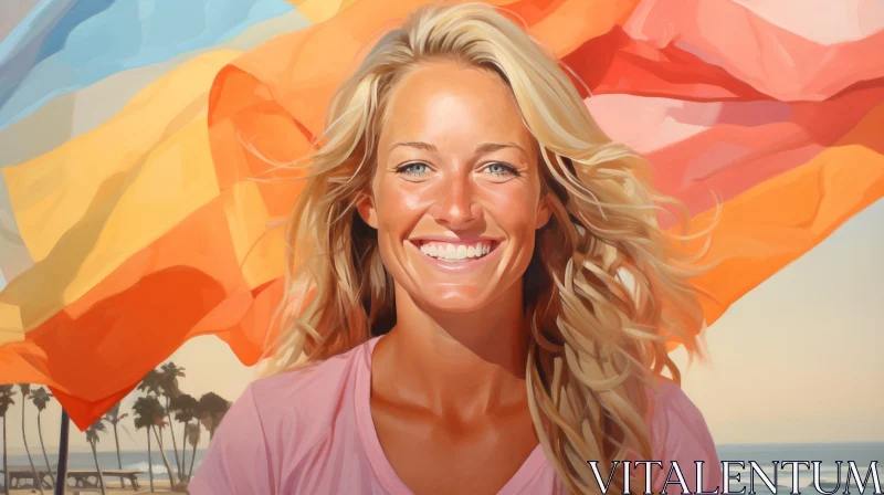 Blonde Woman Smiling in Colorful Setting AI Image