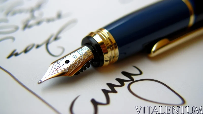 AI ART Blue and Gold Fountain Pen on White Paper - Close-up Abstract Art