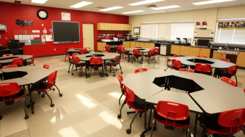 Captivating Classroom: Vibrant Red Chairs and Round Tables