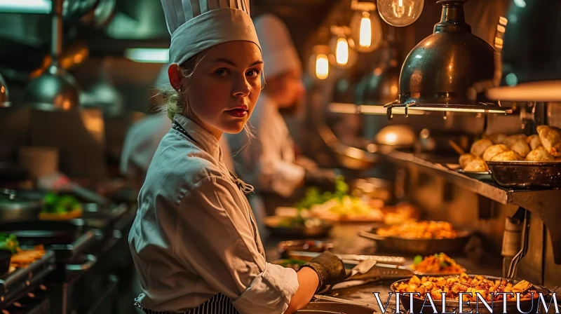 Captivating Culinary Scene: Young Female Chef in a Commercial Kitchen AI Image
