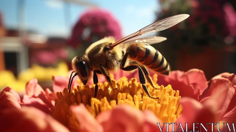 AI ART Close-up Honeybee on Pink Flower in Natural Light