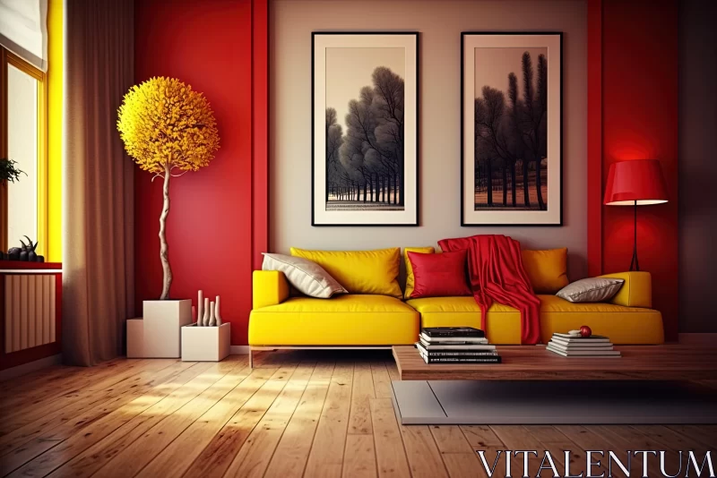 Colorful Sitting Room with Yellow Couch and Red Wall AI Image