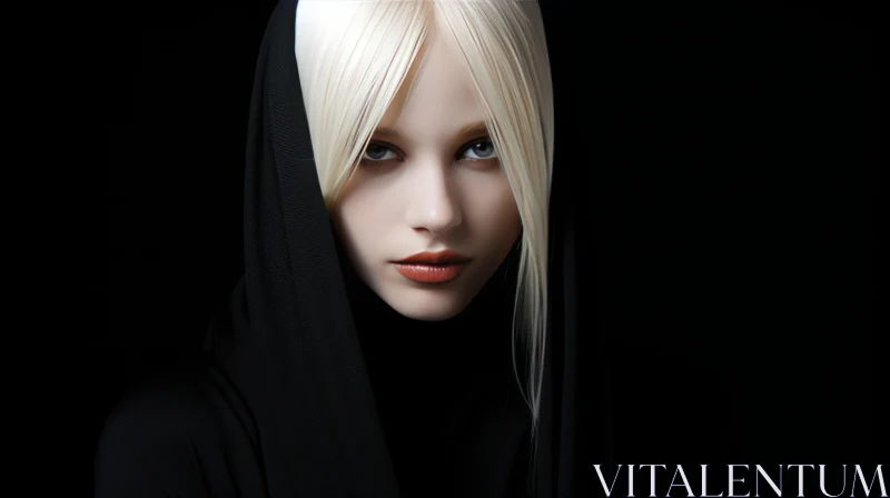 Intense Portrait of a Young Woman in a Black Hood AI Image