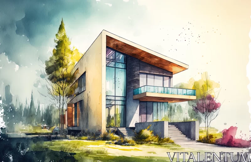 Luxurious Watercolor House Illustration | Contemporary Glass Design AI Image