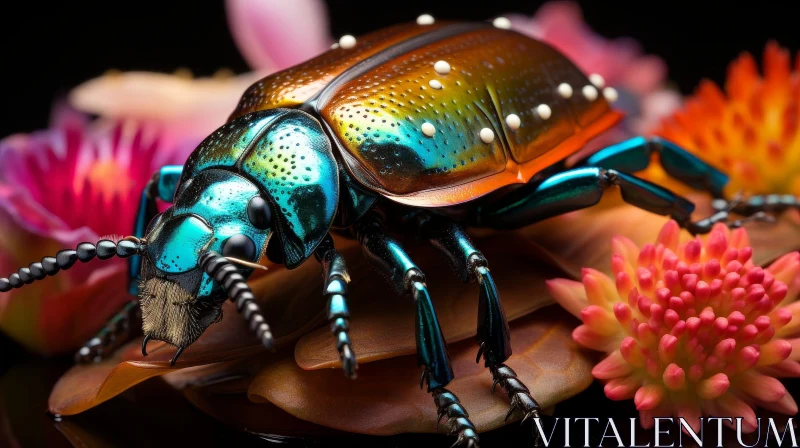 AI ART Metallic Beetle Close-Up on Green Leaf
