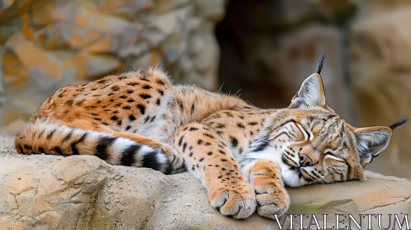 Peaceful Lynx Sleeping on Rock AI Image