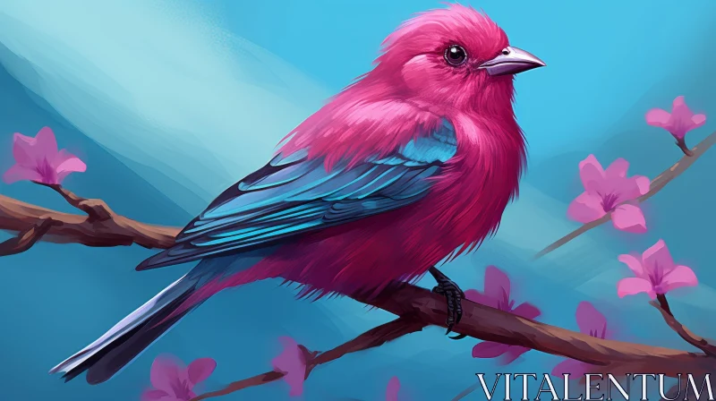 Pink Bird Painting on Branch AI Image