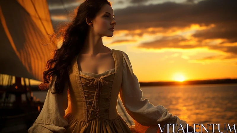 AI ART Serene Woman in Historical Dress on Ship Deck at Sunset