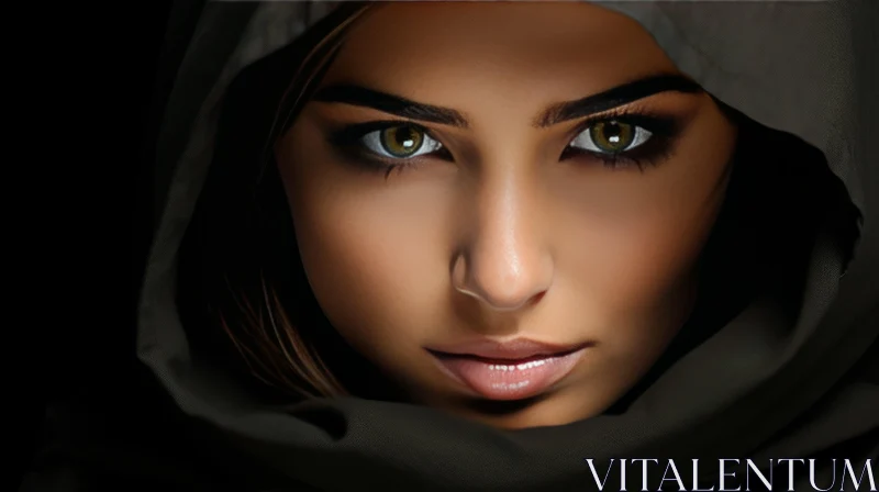 Serious Beauty: Stunning Woman Portrait in Brown Hijab AI Image