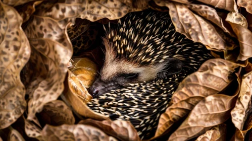 Sleeping Hedgehog in Nest of Dry Leaves