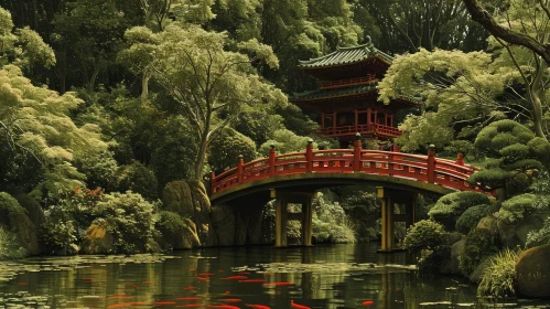 Tranquil Japanese Garden: Red Bridge, Pagoda, and Koi Fish