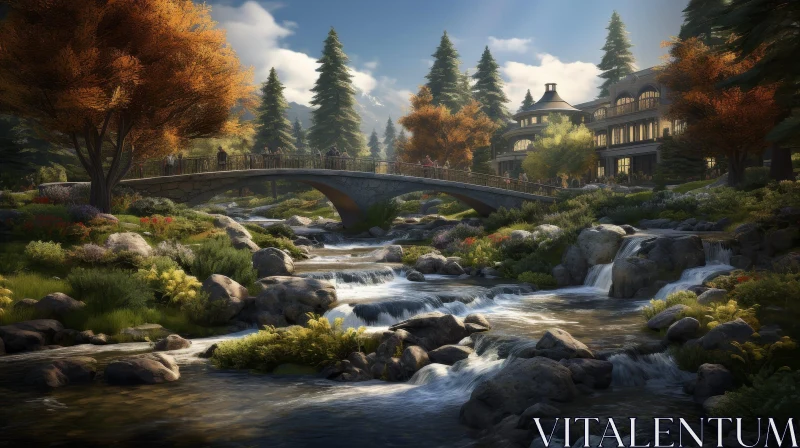 Tranquil Mountain Valley Landscape with River and House AI Image