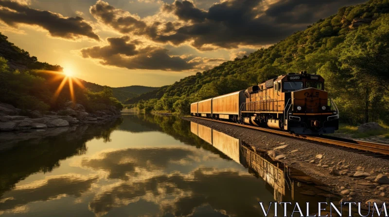Tranquil Sunset Train Journey Along River AI Image