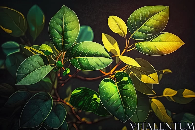 AI ART Vibrant and Exotic Branch with Bright Green Leaves on Dark Background