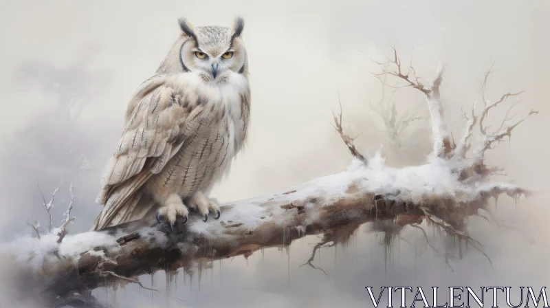 Winter Owl Painting on Branch AI Image