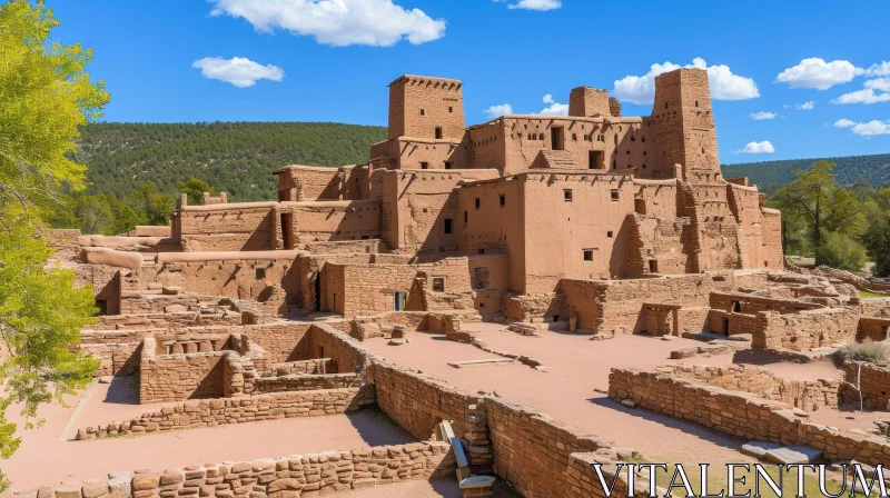 Ancient World: Ruins of a Native American Pueblo Surrounded by Mountains AI Image