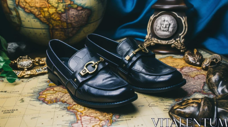 Black Leather Shoes with Gold Buckles on World Map AI Image