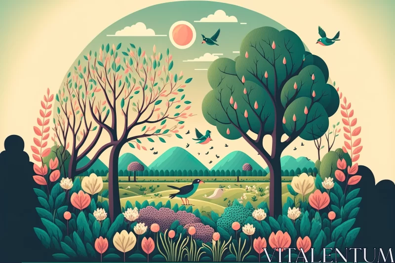 Captivating Sunlit Landscape with Trees and Flowers | Artistic Illustration AI Image