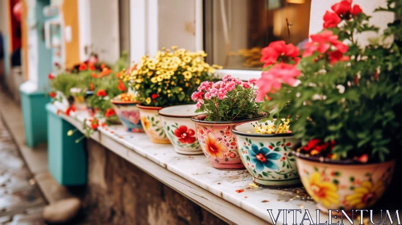 Enchanting Window Sill with Colorful Blooming Flowers AI Image