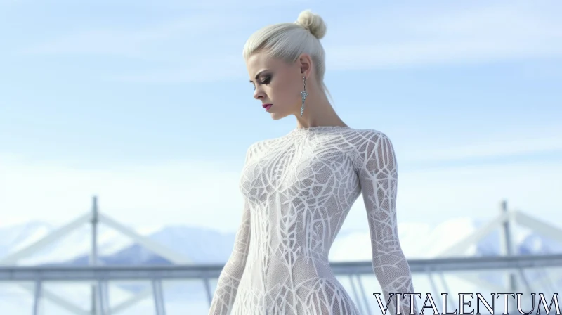 AI ART Ethereal Beauty on a Bridge: Young Woman in White Lace Dress